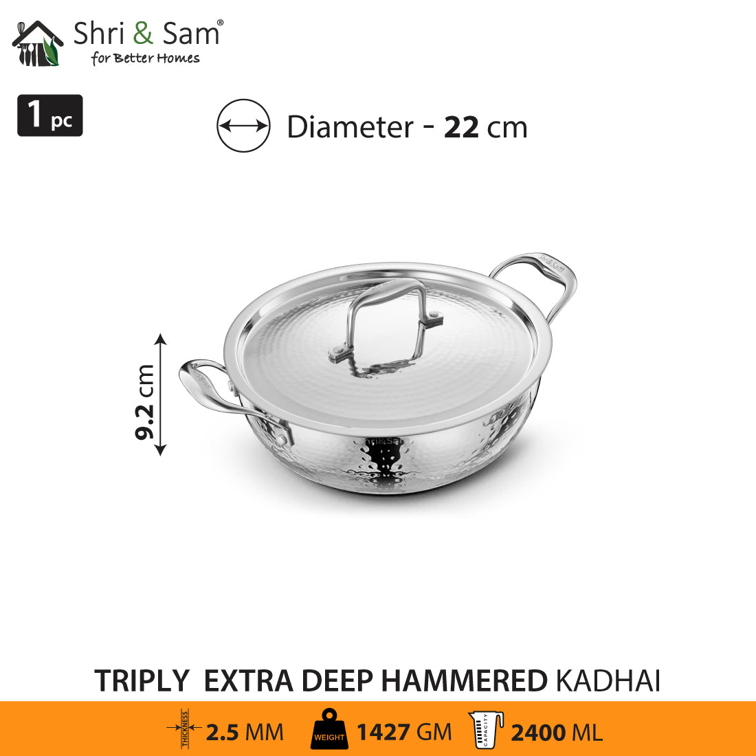 Stainless Steel Triply Hammered Bharat Extra Deep Kadhai with SS Lid