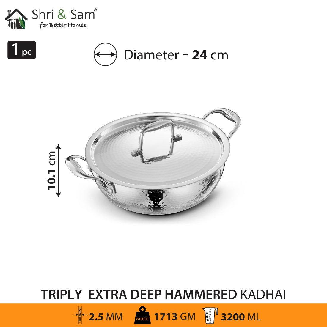 Stainless Steel Triply Hammered Bharat Extra Deep Kadhai with SS Lid