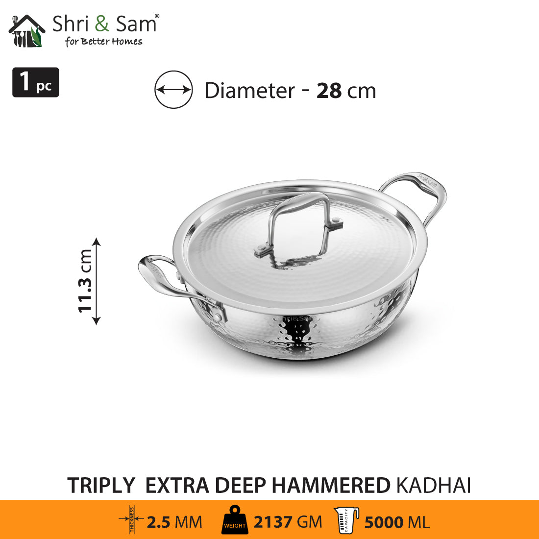 Stainless Steel Triply Hammered Bharat Extra Deep Kadhai with SS Lid