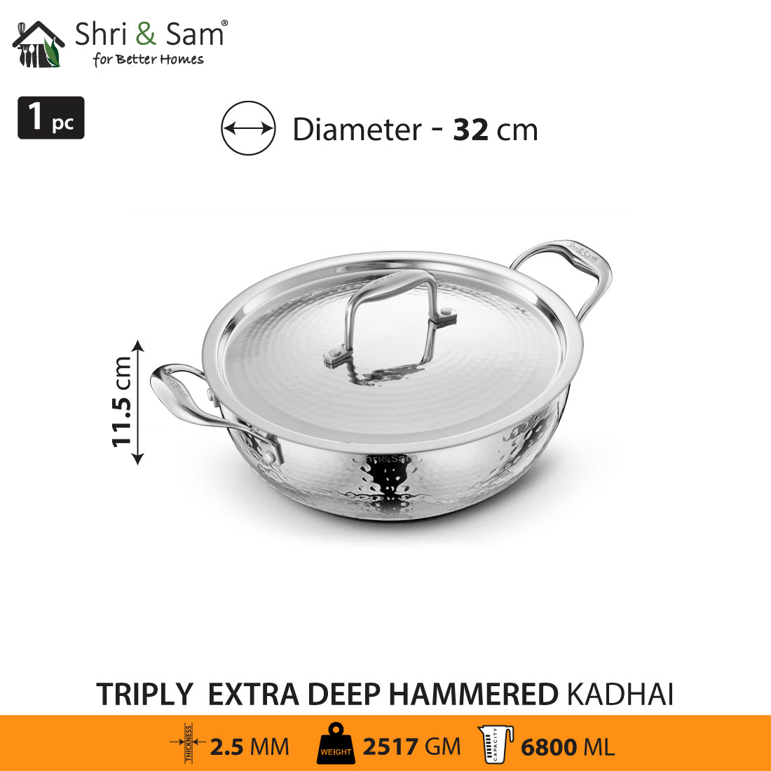 Stainless Steel Triply Hammered Bharat Extra Deep Kadhai with SS Lid