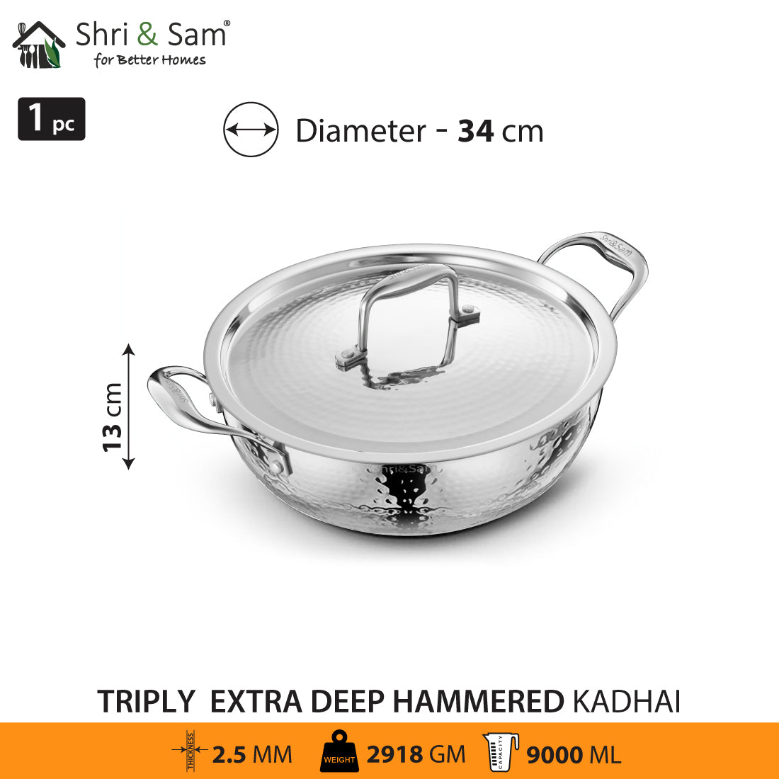 Stainless Steel Triply Hammered Bharat Extra Deep Kadhai with SS Lid