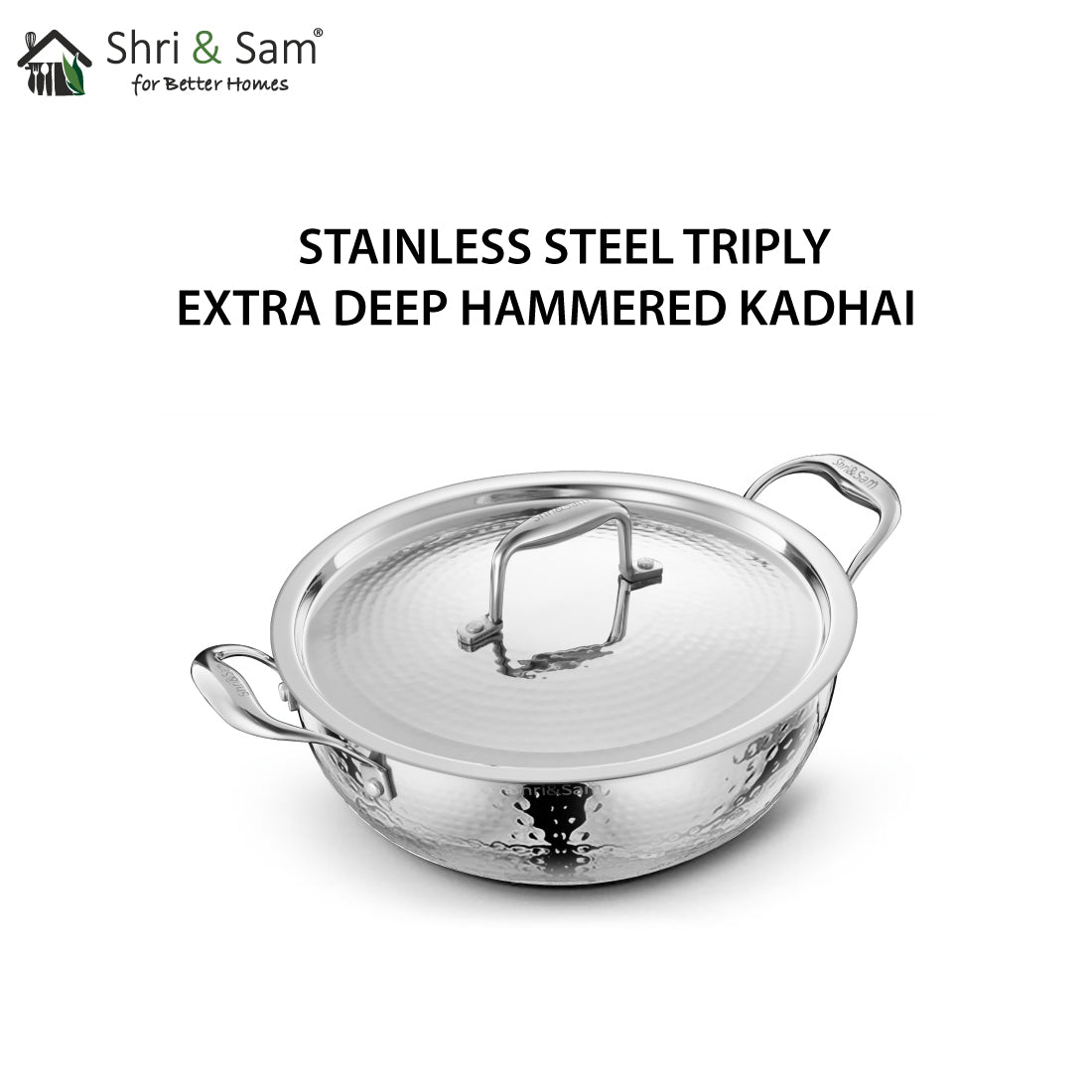 Stainless Steel Triply Hammered Bharat Extra Deep Kadhai with SS Lid