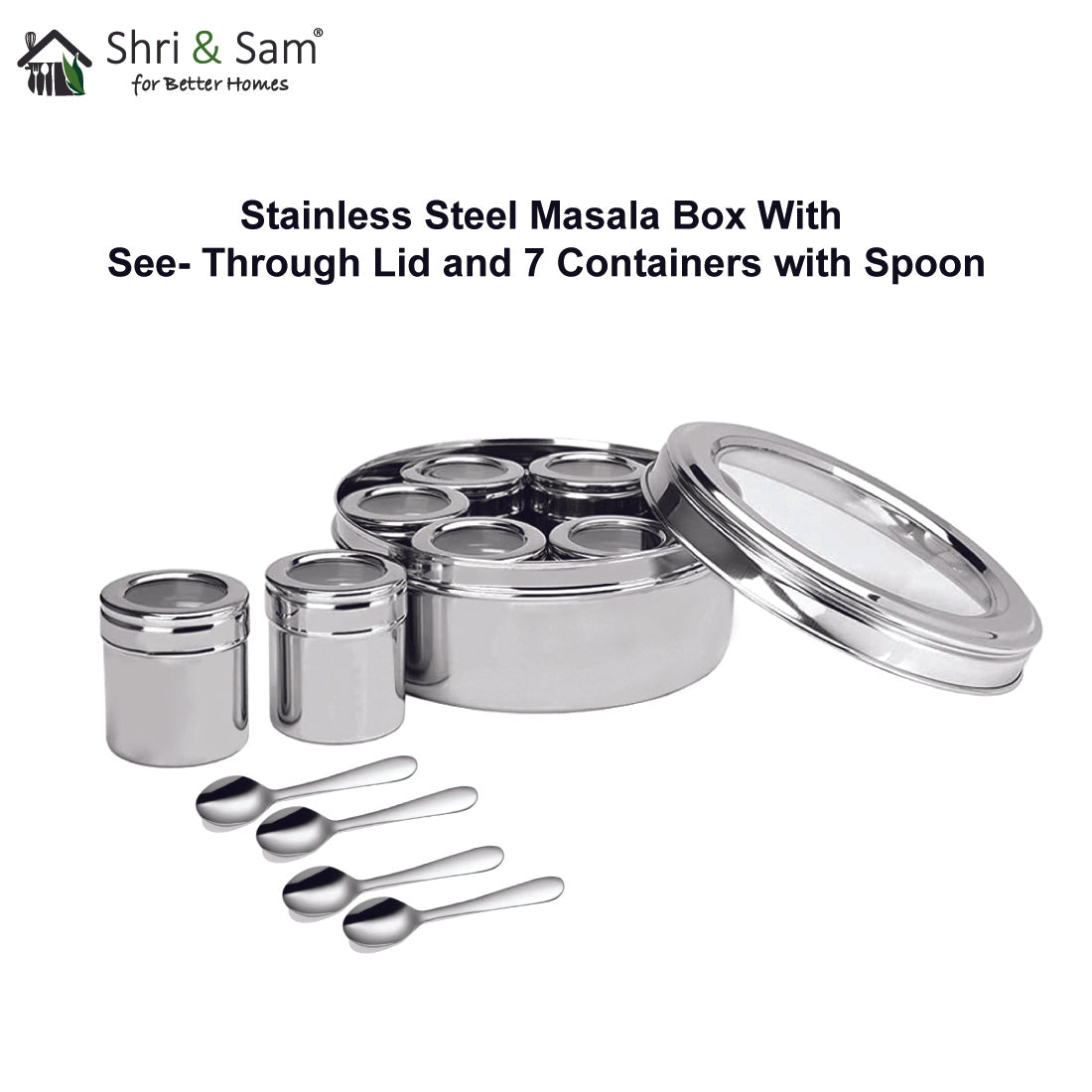 Stainless Steel Masala Box with See Through Lid and 7 Containers with Spoon