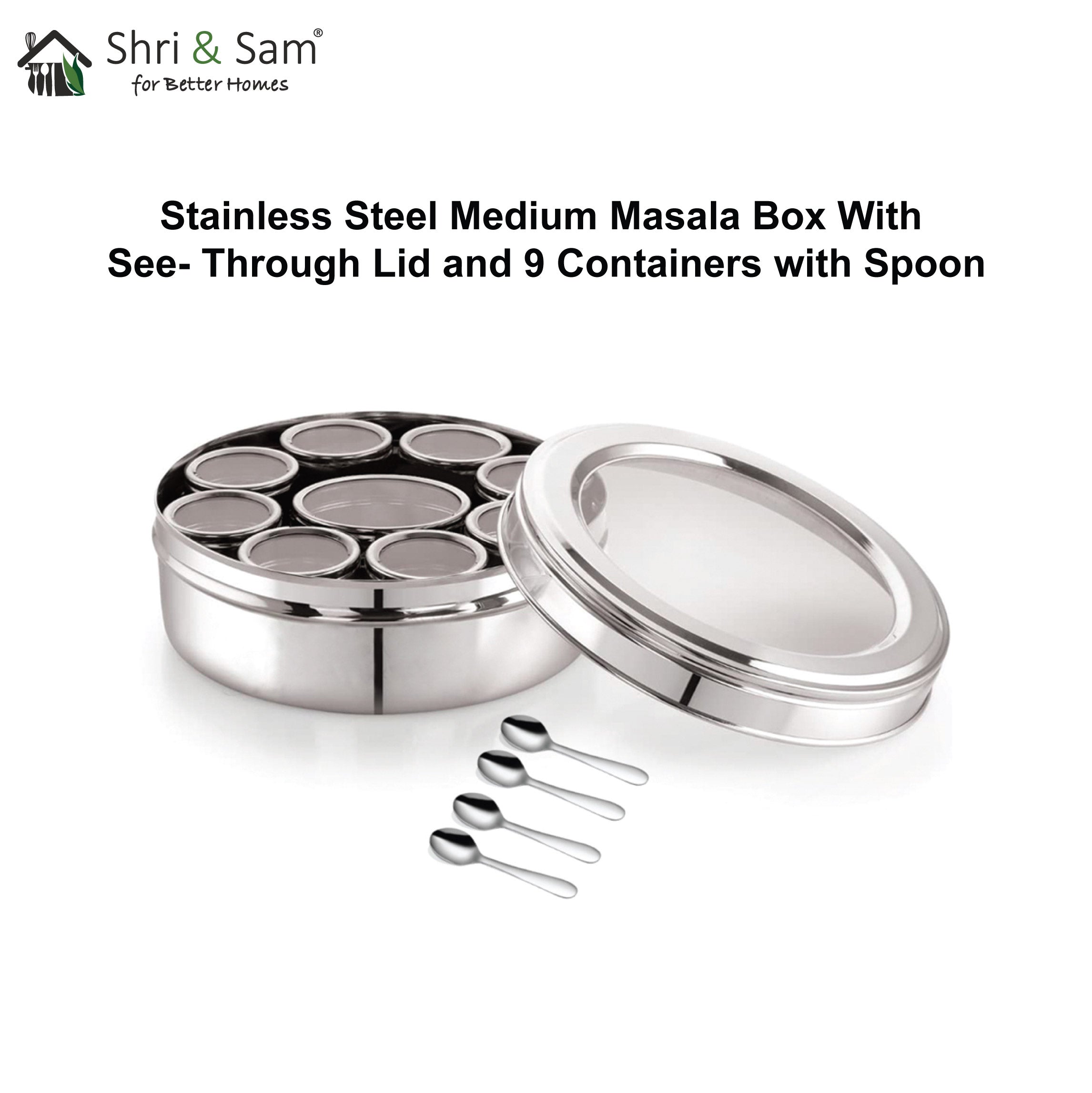 Stainless Steel Medium Masala Box with See Through Lid and 9 Containers with Spoon