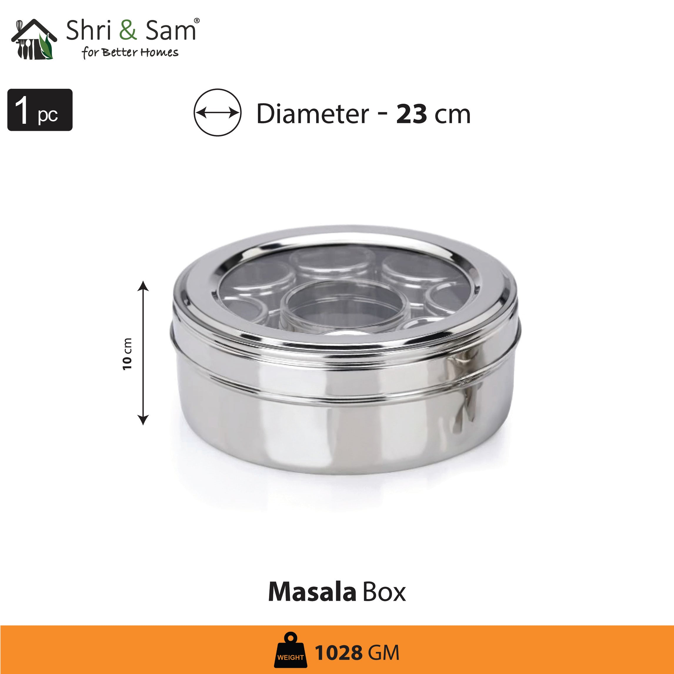 Stainless Steel Medium Masala Box with See Through Lid and 9 Containers with Spoon