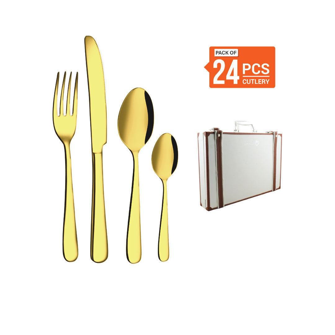 Stainless Steel 24 PCS Cutlery Set (6 Pcs Tea Spoon, 6 Pcs Dessert Spoon, 6 Pcs Dessert Fork and 6 Pcs Dessert Knife) with Leather Box and Gold PVD Monika