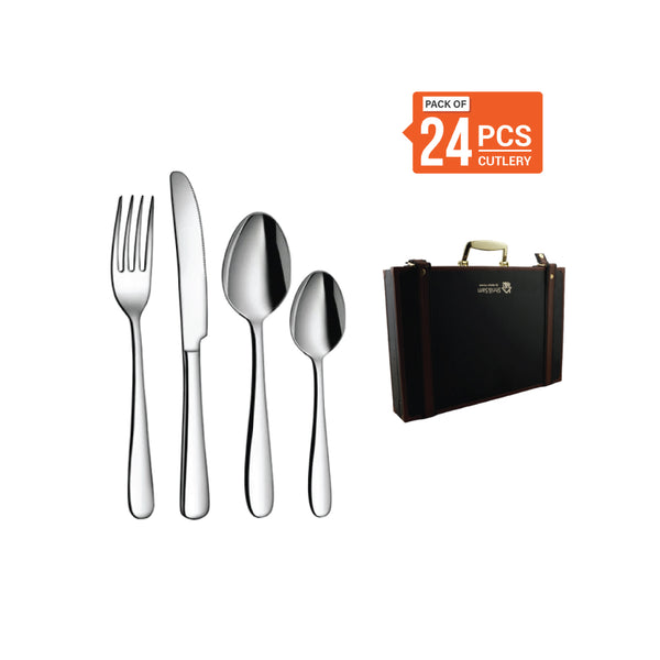 Stainless Steel 24 PCS Cutlery Set (6 Pcs Tea Spoon, 6 Pcs Dessert Spoon, 6 Pcs Dessert Fork and 6 Pcs Dessert Knife) with Leather Box Monika