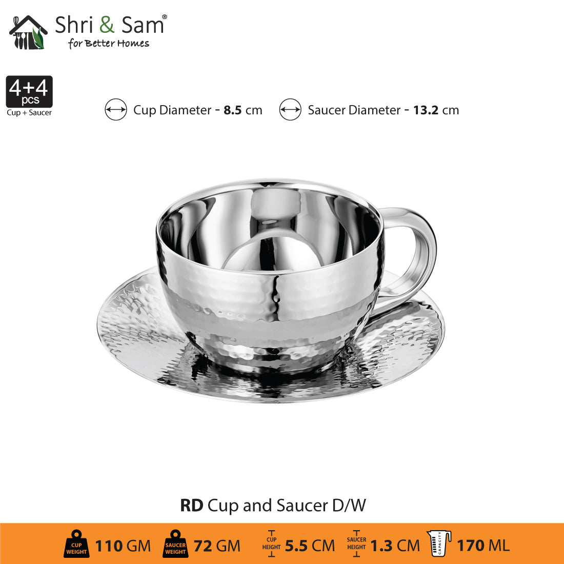 Stainless Steel 4 PCS Double Wall Hammered Cup and Saucer RD