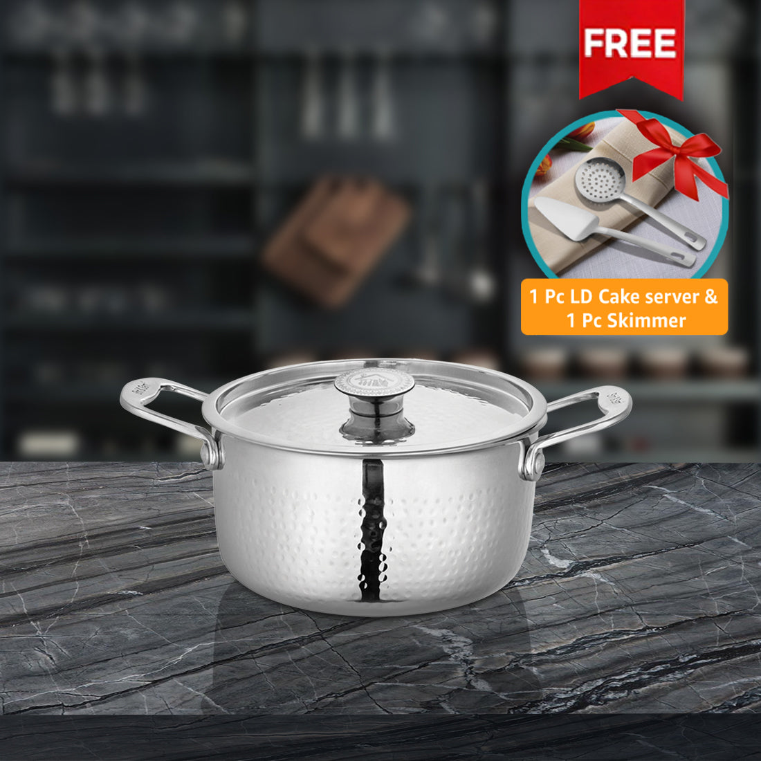 Stainless Steel Heavy Weight Hammered Casserole with SS Lid Platinum