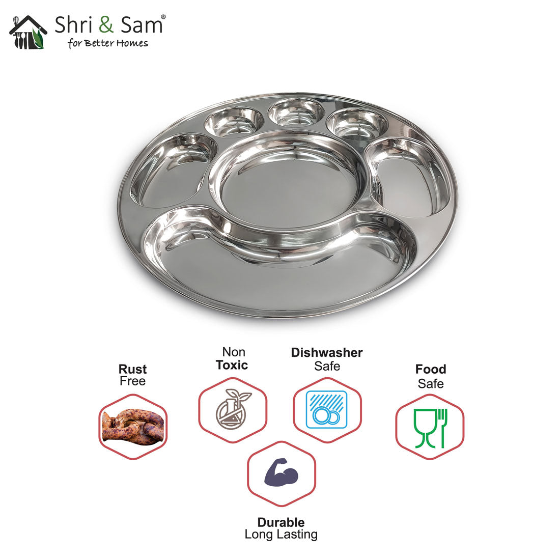 Stainless Steel 7 in 1 Compartment Plate