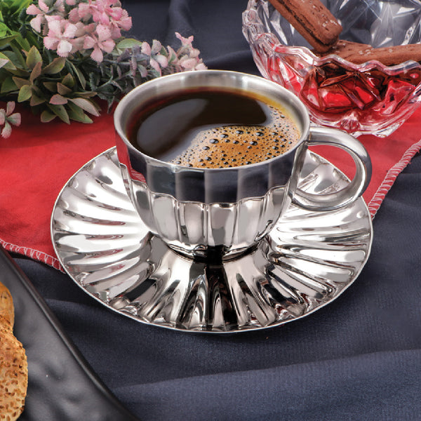 Stainless Steel 4 PCS Double Wall Cup and Saucer Espresso Step Design