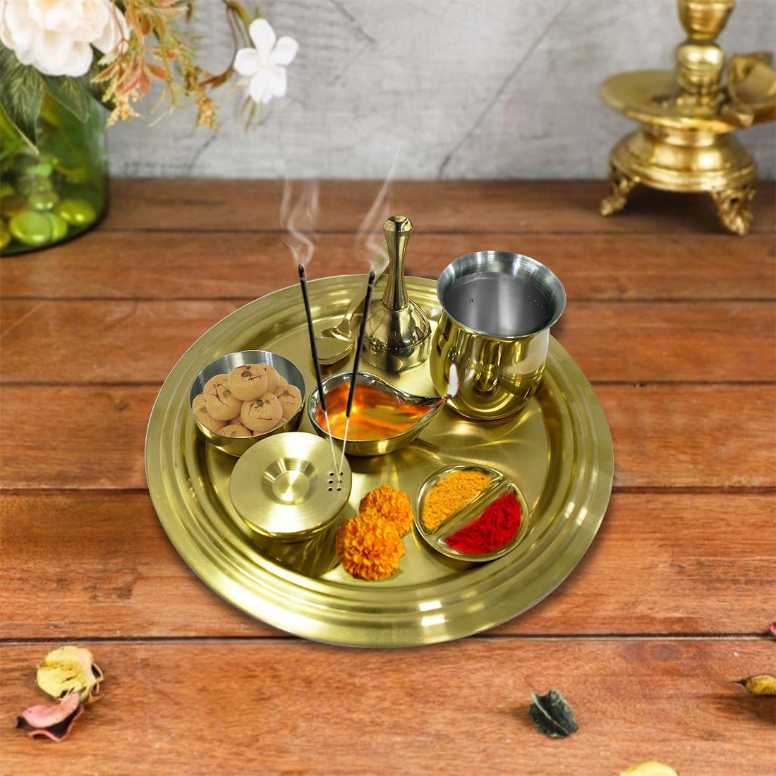 Stainless Steel Pooja Thali Set with Gold PVD Coating