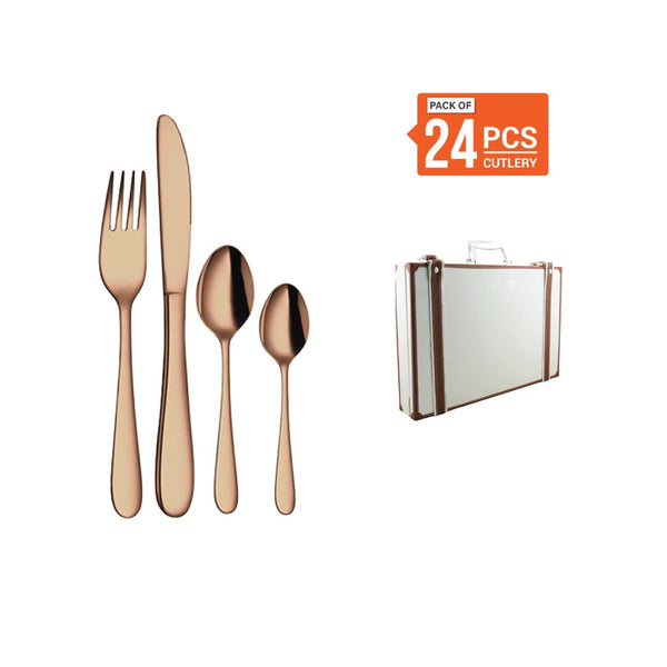 Stainless Steel 24 PCS Cutlery Set (6 Pcs Tea Spoon, 6 Pcs Dessert Spoon, 6 Pcs Dessert Fork and 6 Pcs Dessert Knife) with Leather Box and PVD Rose Gold Monika