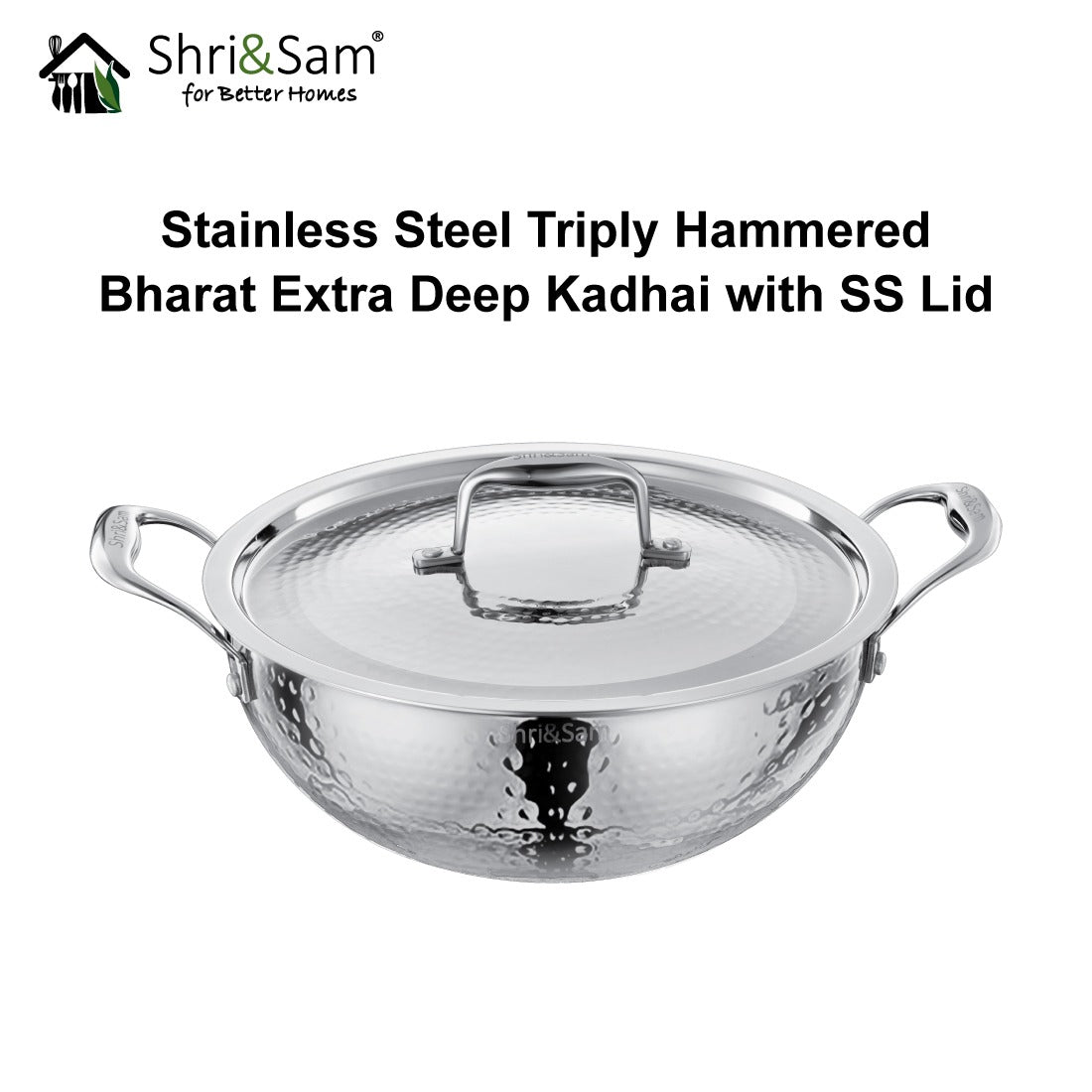 Stainless Steel Triply Hammered Bharat Extra Deep Kadhai with SS Lid