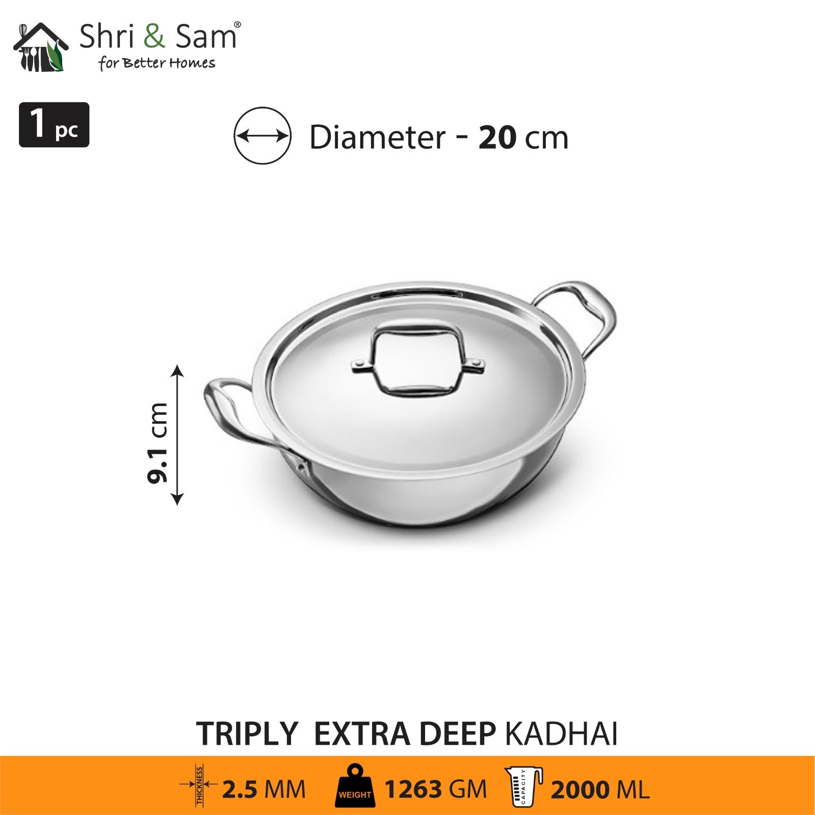 Stainless Steel Triply Bharat Extra Deep Kadhai with SS Lid