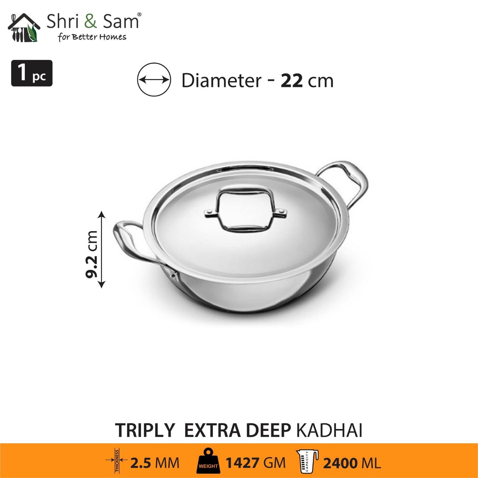 Stainless Steel Triply Bharat Extra Deep Kadhai with SS Lid