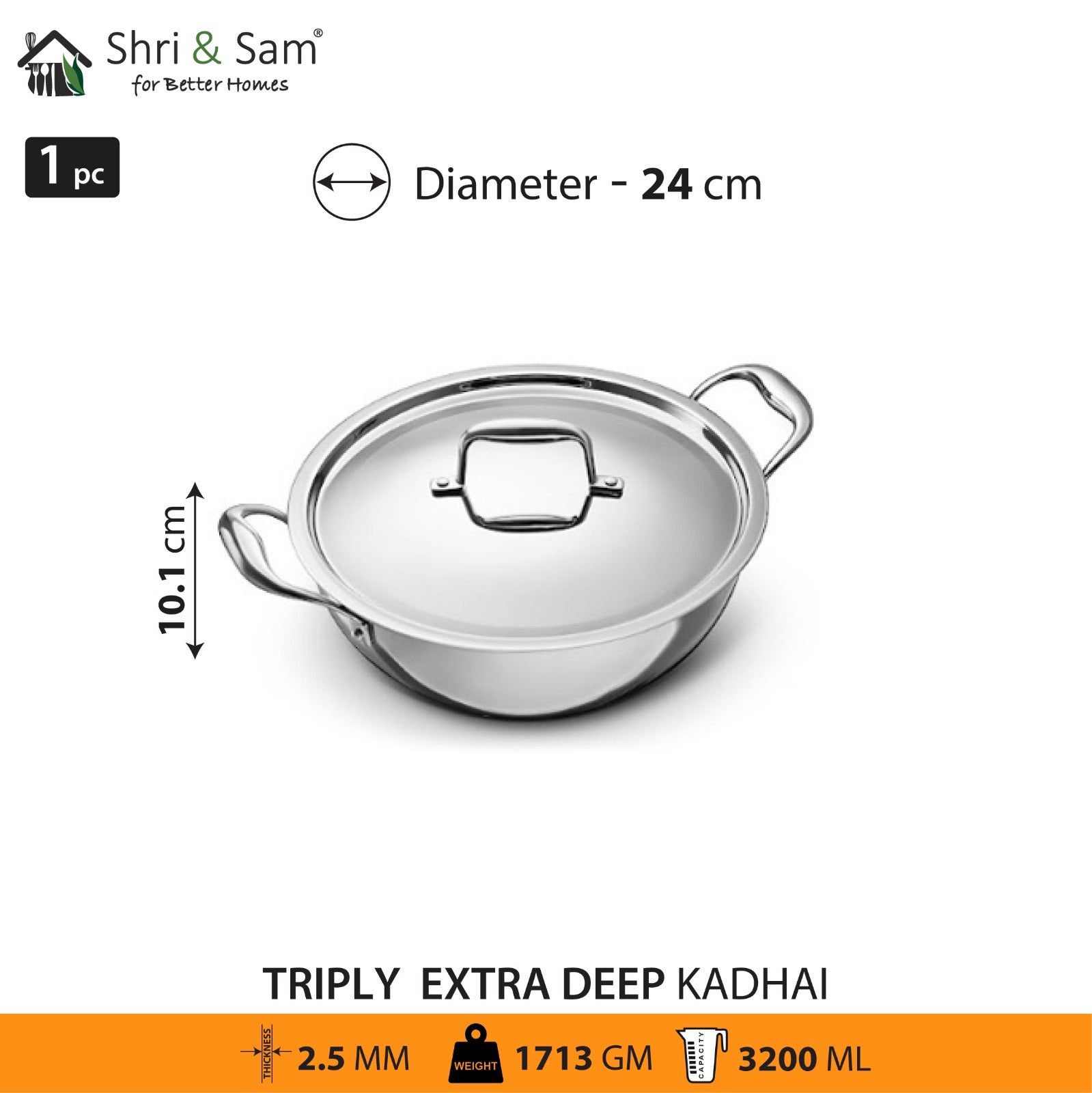 Stainless Steel Triply Bharat Extra Deep Kadhai with SS Lid