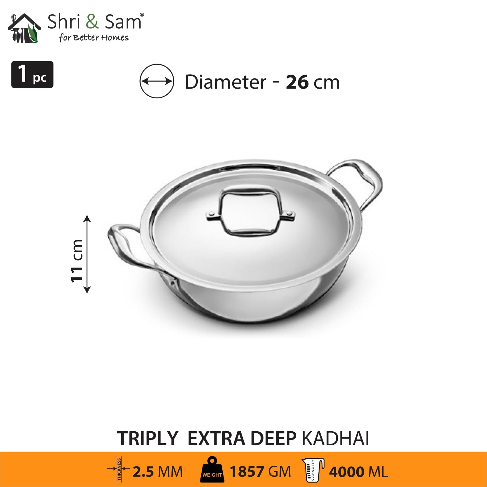 Stainless Steel Triply Bharat Extra Deep Kadhai with SS Lid