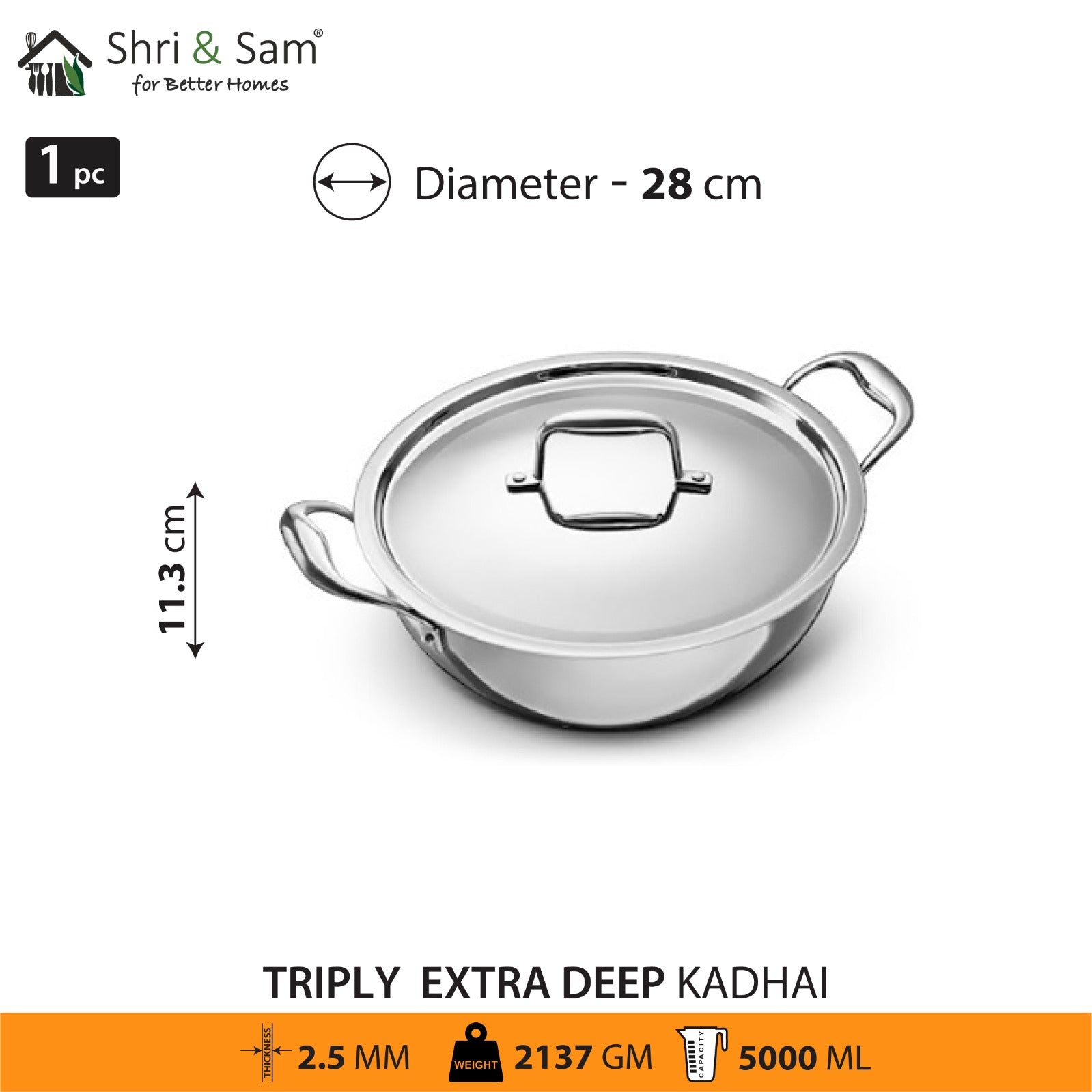 Stainless Steel Triply Bharat Extra Deep Kadhai with SS Lid