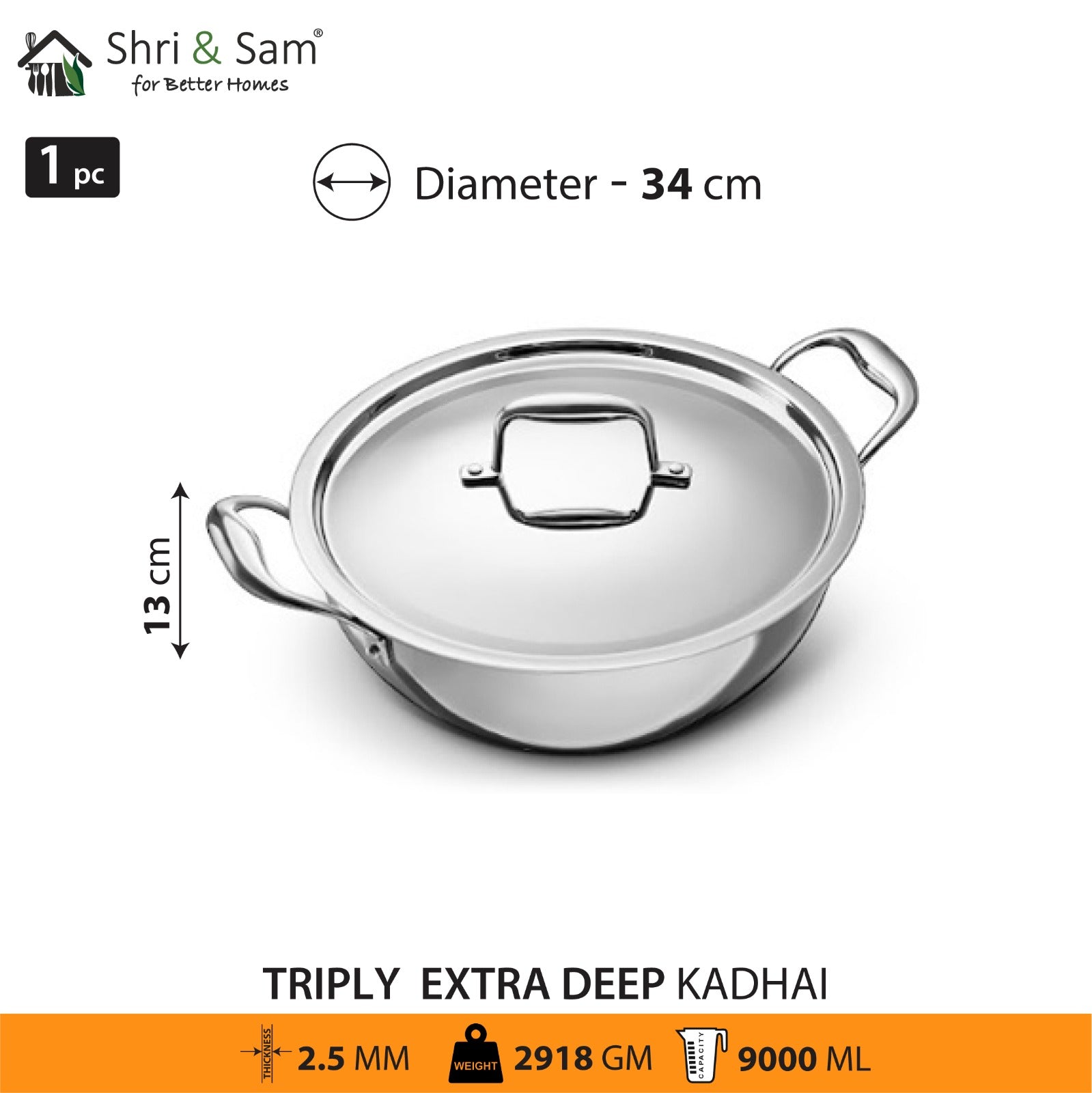 Stainless Steel Triply Bharat Extra Deep Kadhai with SS Lid