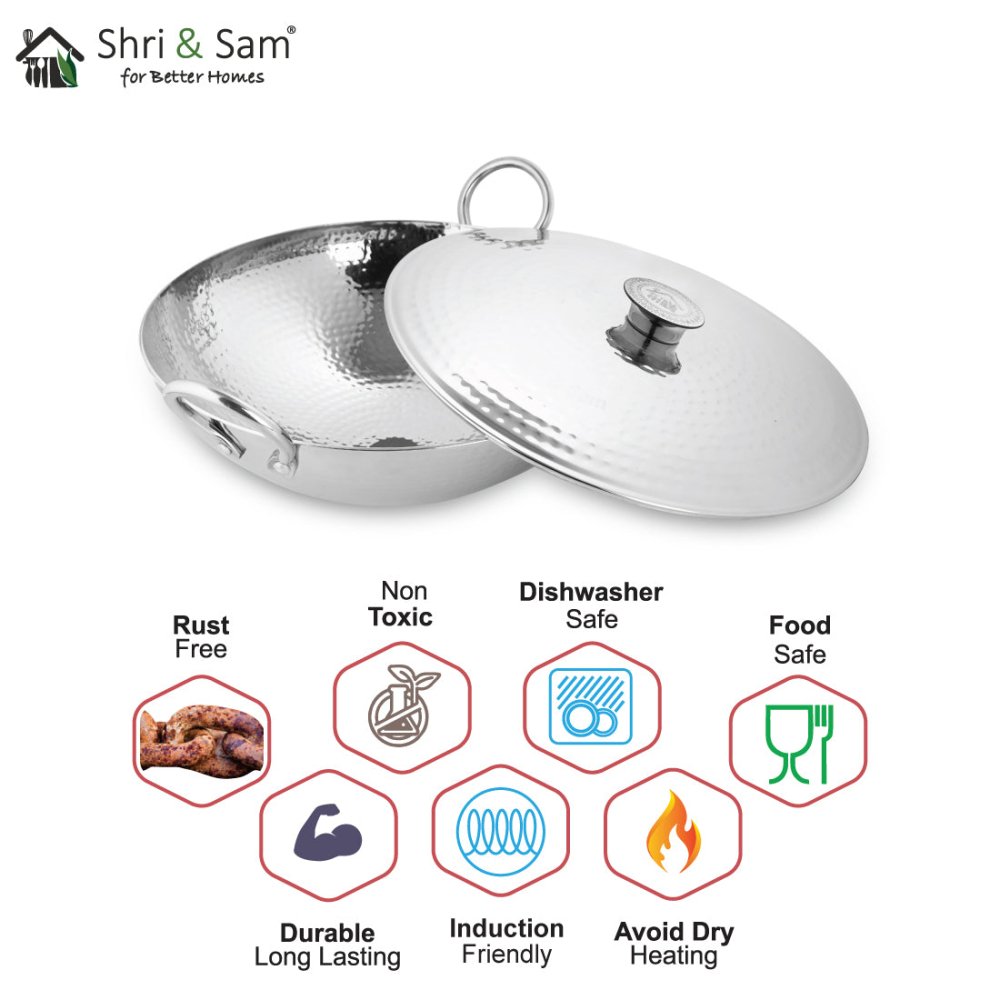 Engrave Stainless Steel Triply Deep Hammered Kadhai with SS Lid Pro