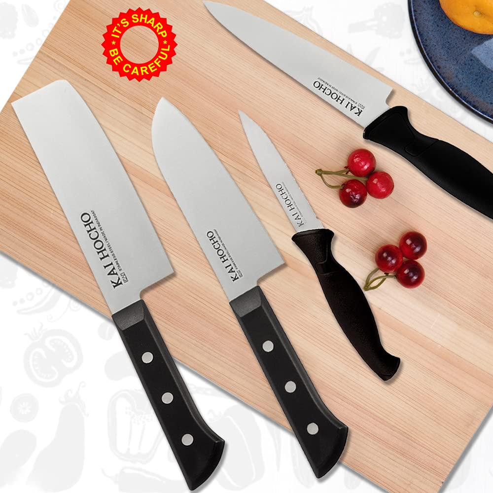 Kai Premium Knife Set [Nakiri, Santoku, Utility & Serrated Knife With Knife Sharpener]