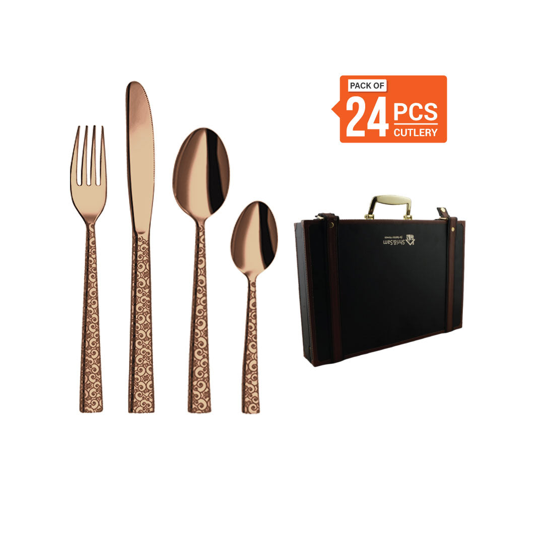 Stainless Steel 24 PCS Cutlery Set (6 Pcs Tea Spoon, 6 Pcs Dessert Spoon, 6 Pcs Dessert Fork and 6 Pcs Dessert Knife) with Leather Box and PVD Rose Gold Coating with Laser Lotus Plain