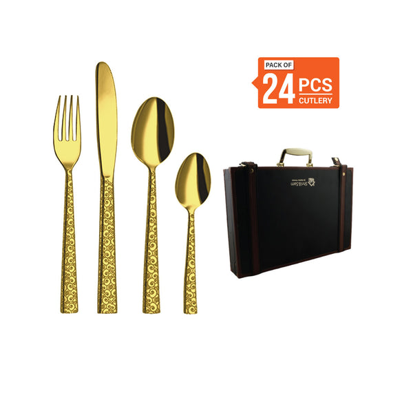 Stainless Steel 24 PCS Cutlery Set (6 Pcs Tea Spoon, 6 Pcs Dessert Spoon, 6 Pcs Dessert Fork and 6 Pcs Dessert Knife) with Leather Box and PVD Gold Coating with Laser Lotus Plain