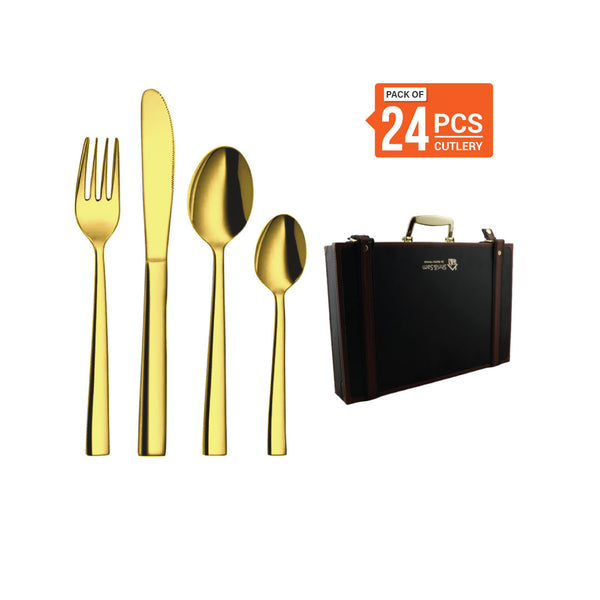 Stainless Steel 24 PCS Cutlery Set (6 Pcs Tea Spoon, 6 Pcs Dessert Spoon, 6 Pcs Dessert Fork and 6 Pcs Dessert Knife) with Leather Box Lotus and PVD Gold Coating Lotus Plain