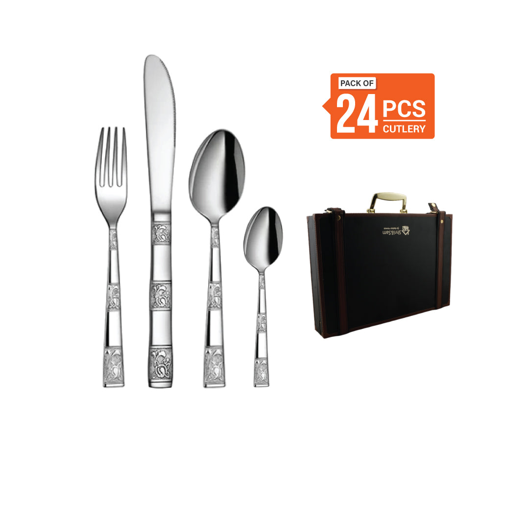 Stainless Steel 24 PCS Cutlery Set (6 Pcs Tea Spoon, 6 Pcs Dessert Spoon, 6 Pcs Dessert Fork and 6 Pcs Dessert Knife) with Leather Box Lotus