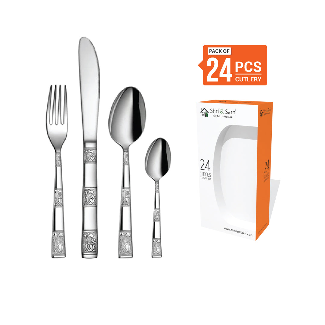 Stainless Steel 24 PCS Cutlery Set (6 Pcs Tea Spoon, 6 Pcs Dessert Spoon, 6 Pcs Dessert Fork and 6 Pcs Dessert Knife) Lotus