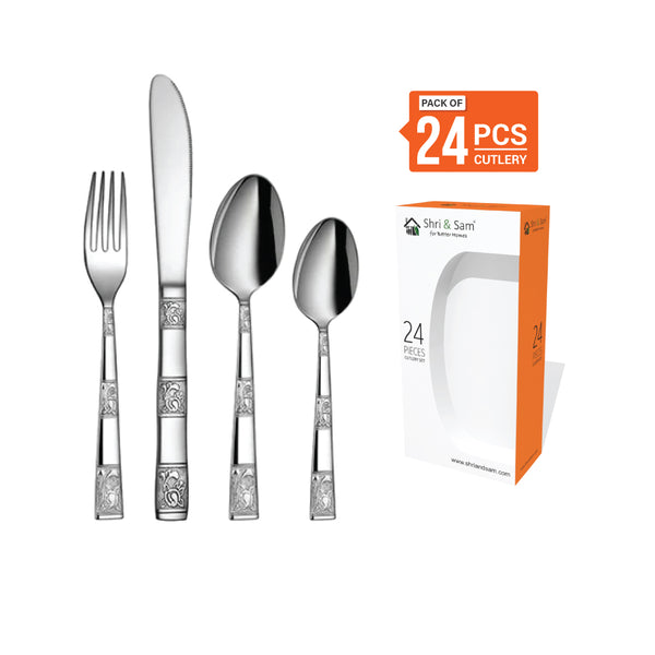 Stainless Steel 24 PCS Cutlery Set (6 Pcs Dessert Knife, 6 Pcs Dessert Spoon, 6 Pcs Dessert Fork and 6 Pcs Baby Spoon) Lotus