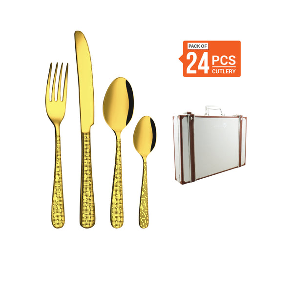 Stainless Steel 24 PCS Cutlery Set (6 Pcs Tea Spoon, 6 Pcs Dessert Spoon, 6 Pcs Dessert Fork and 6 Pcs Dessert Knife) with Leather Box and Gold PVD & Laser Monika