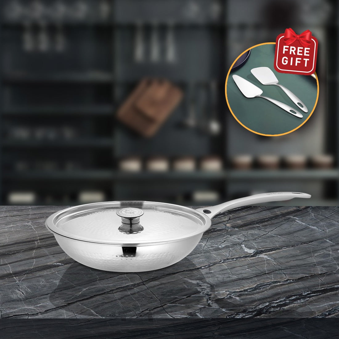 Stainless Steel Heavy Weight Hammered Fry Pan with SS Lid Platinum