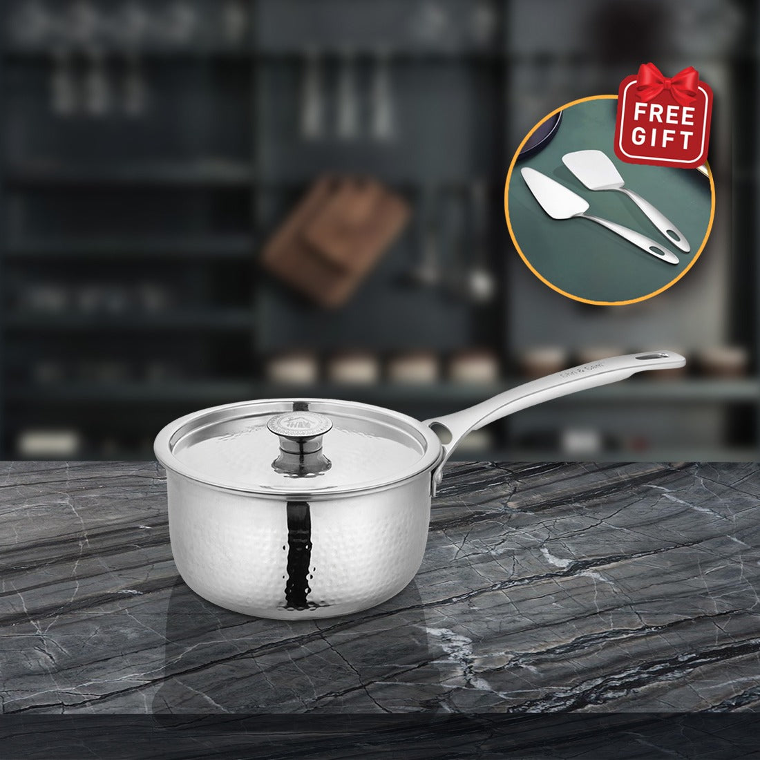 Stainless Steel Heavy Weight Hammered Sauce Pan with SS Lid Platinum