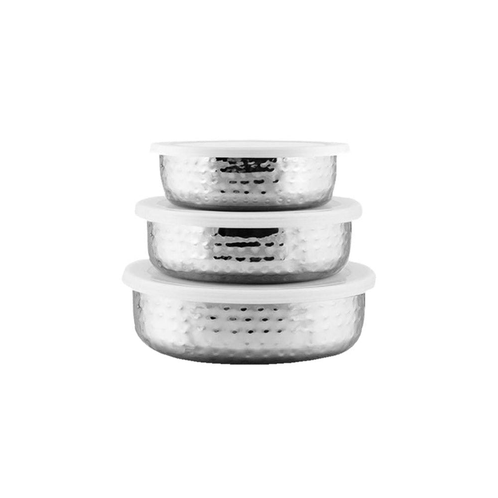 Stainless Steel 3 PCS Hammered Bowl with Plastic Lid