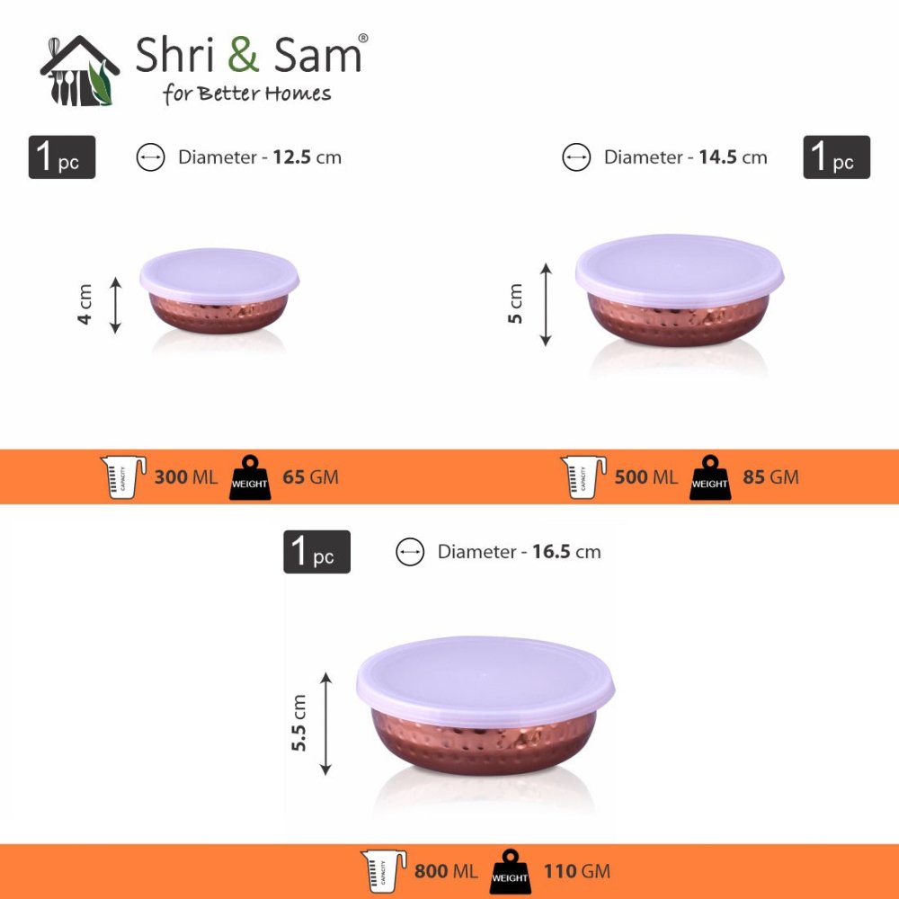 Stainless Steel 3 PCS Hammered Lid Bowl with Copper Color Coated Madrid