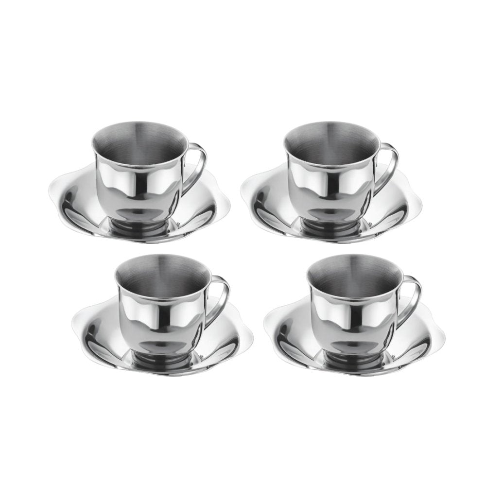 4 PCS Double Wall Cup and Saucer - Daisy | Shiny Stainless Steel