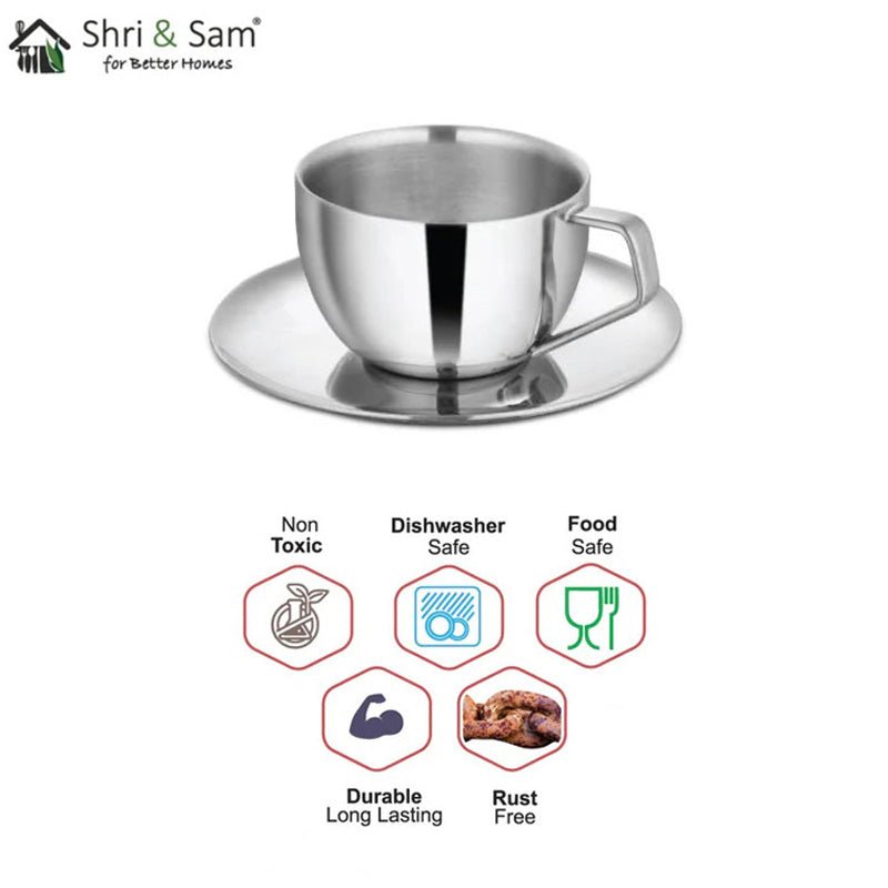 Stainless Steel 4 PCS Double Wall Cup and Saucer Espresso