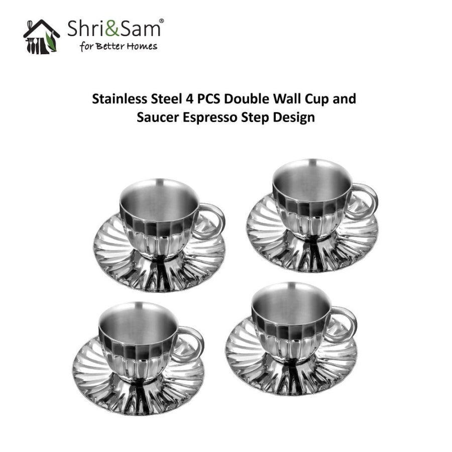 Stainless Steel 4 PCS Double Wall Cup and Saucer Espresso Step Design