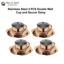 Stainless Steel 4 PCS Double Wall Cup and Saucer with Rose Gold PVD Coating Daisy