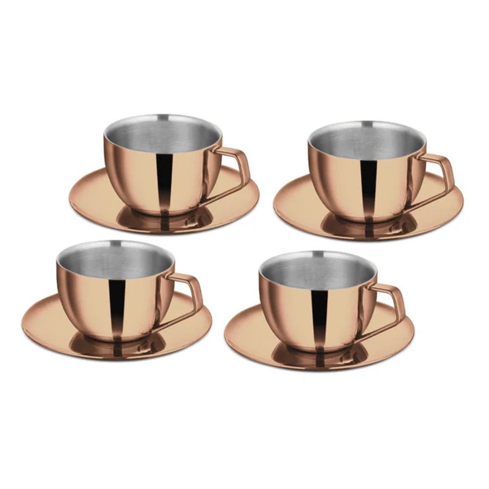 Stainless Steel 4 PCS Double Wall Cup and Saucer with Rose Gold PVD Coating Espresso