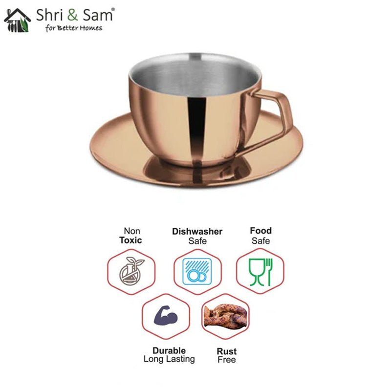 Stainless Steel 4 PCS Double Wall Cup and Saucer with Rose Gold PVD Coating Espresso