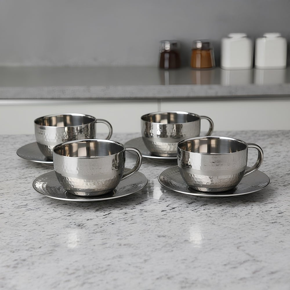 Stainless Steel 4 PCS Double Wall Hammered Cup and Saucer RD