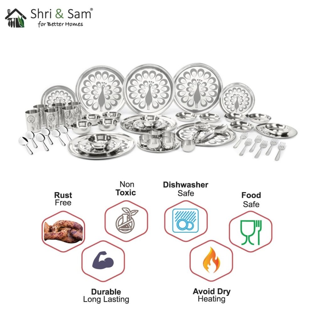 Stainless Steel 50 Pcs Dinner Set (6 People) Shagun with Peacock Laser Deign