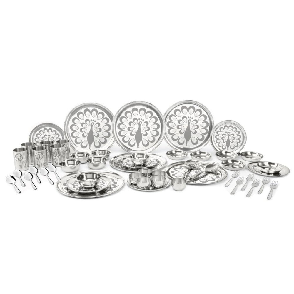 Stainless Steel 50 Pcs Dinner Set (6 People) Shagun with Peacock Laser Deign