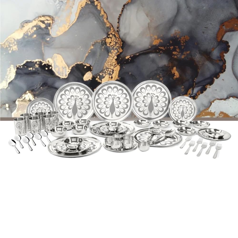 Stainless Steel 50 Pcs Dinner Set (6 People) Shagun with Peacock Laser Deign