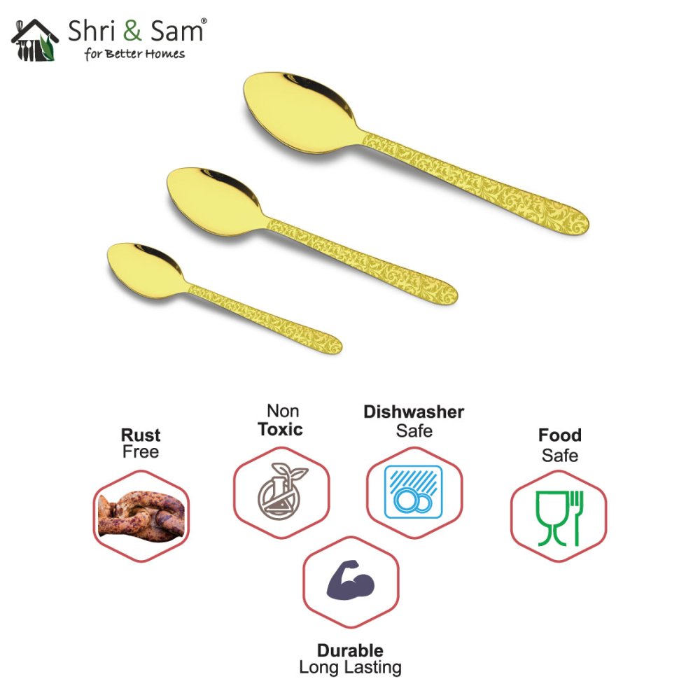 Stainless Steel Basting Spoon Solid with Gold PVD Coating and Laser Jasmine