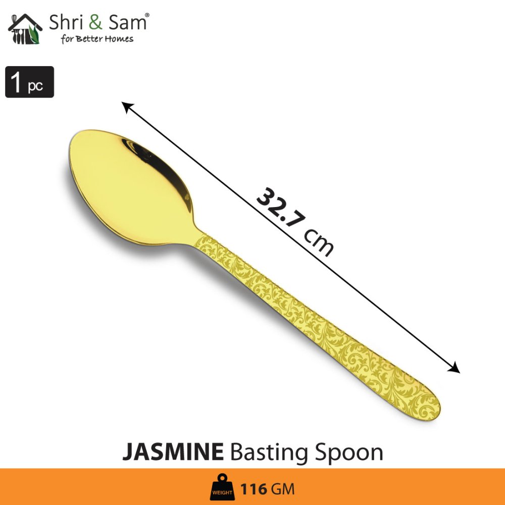 Stainless Steel Basting Spoon Solid with Gold PVD Coating and Laser Jasmine