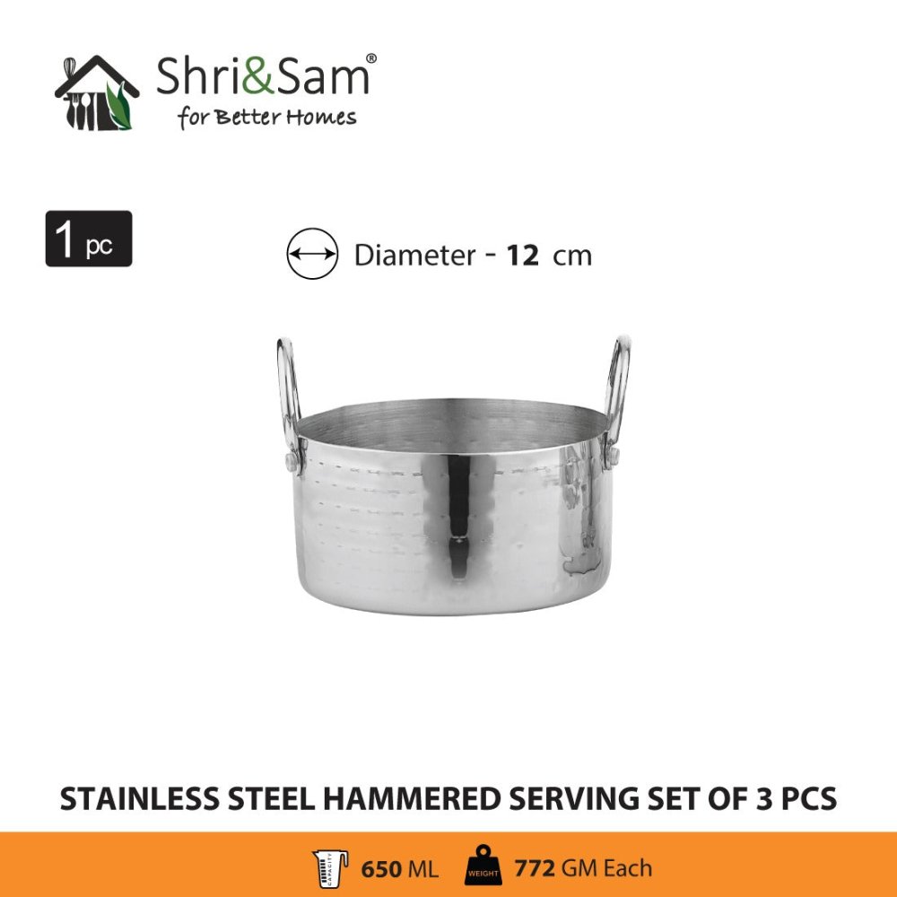 Stainless Steel Hammered Serving Donga Set of 3 Pcs